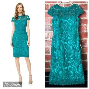 Tadashi Shoji Corded Embroidery Tulle Cap Sleeve Dress Aqua Size 10 NWT